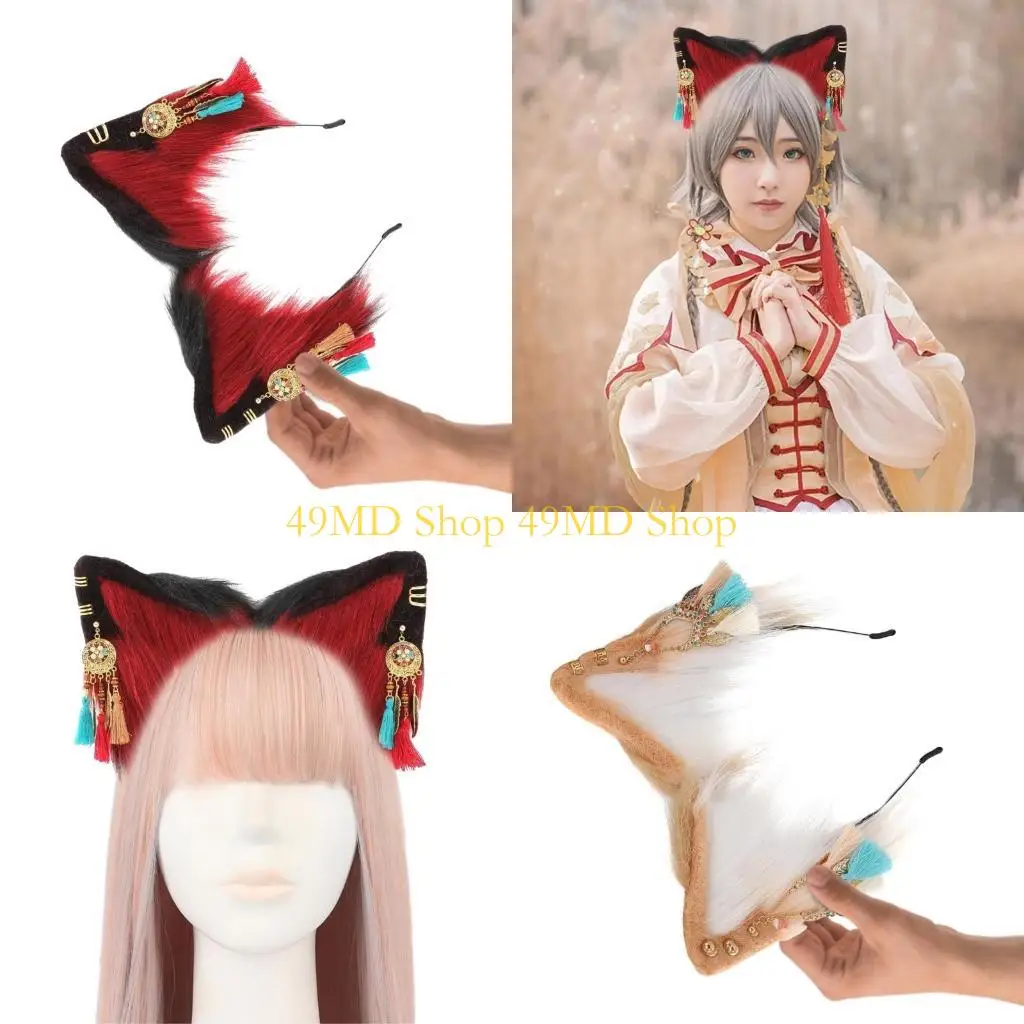 

49MD Sweet Students Woman Photography Hairband with Ethnic Earring Decor Ears Headbands Ethnic Cartoon Hair Hoop