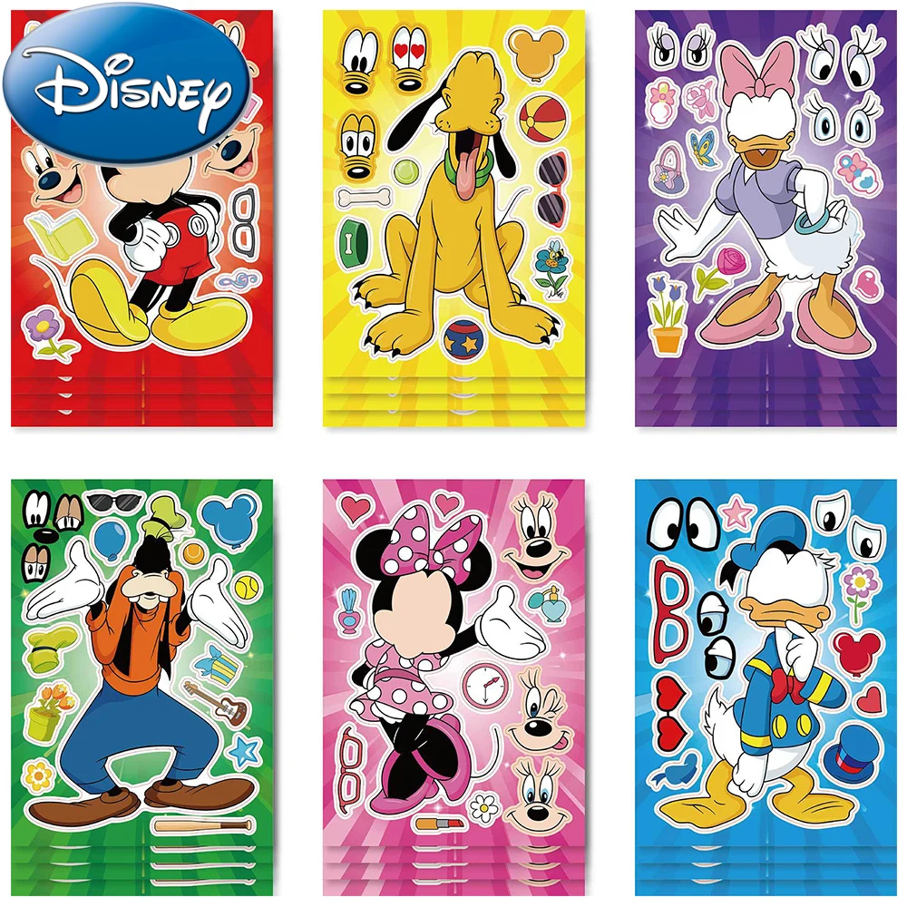 

6/12sheets Disney Anime Mickey Mouse Puzzle Stickers Make A Face Funny Children Game Decals DIY Assemble Jigsaw Educational Toys