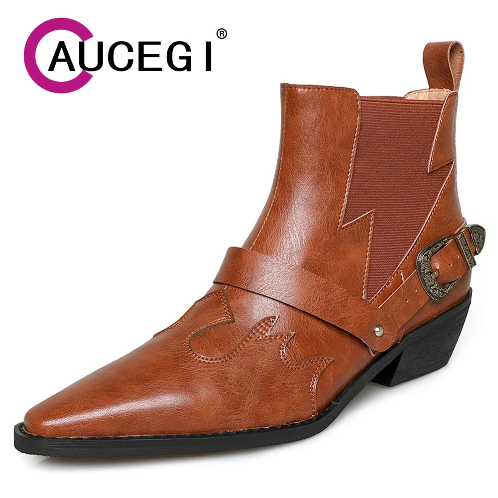 

Aucegi Newest Quality Leather Chelsea Ankle Boots Women Spring Autumn Sexy Pointed Toe Slip On Buckle Decorations Party Shoes