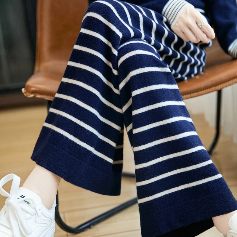 Autumn Winter New Fashion High Quality 100% Merino Wool Loose Knit Stripe Wide Leg Drop Straight Trousers Elastic Waist Pants