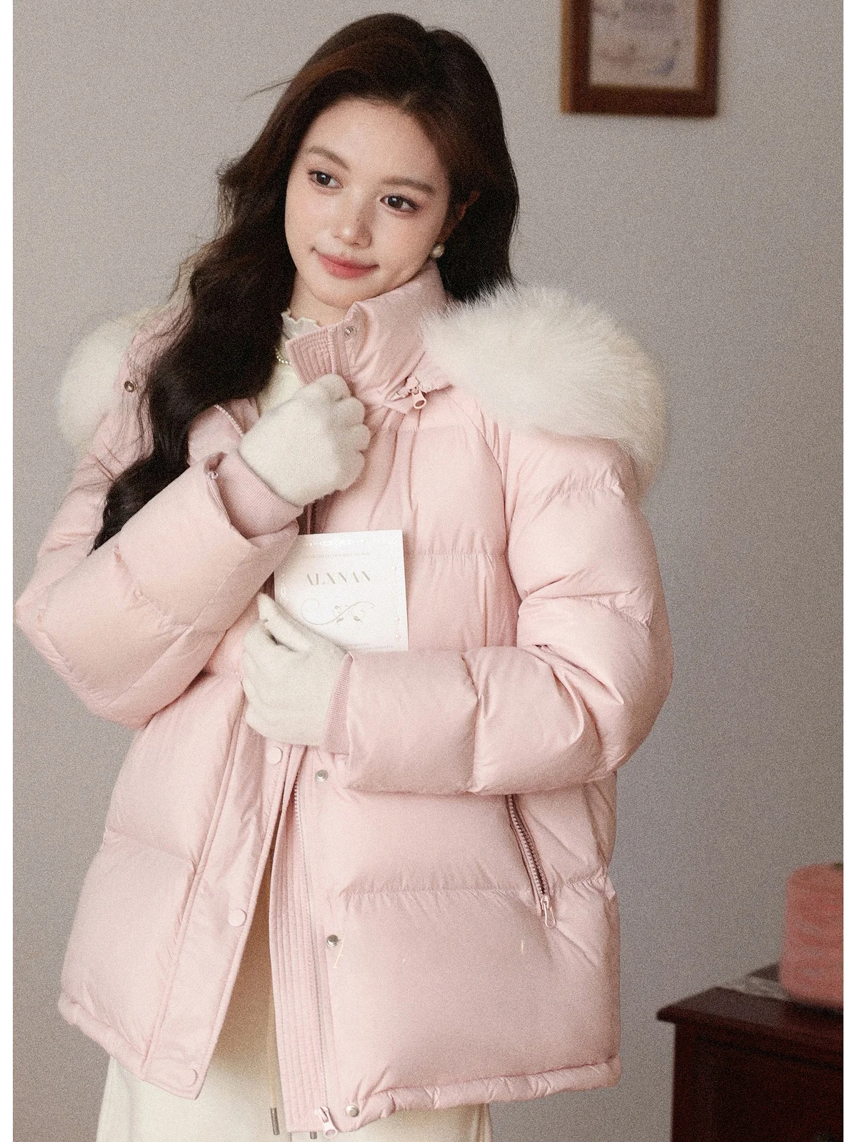 

Женская зимняя утепленная куртка с длинными рукавами, розовая, с узором «Цветущая слива», с капюшоном, теплая верхняя одежда, повседневная, на молнии