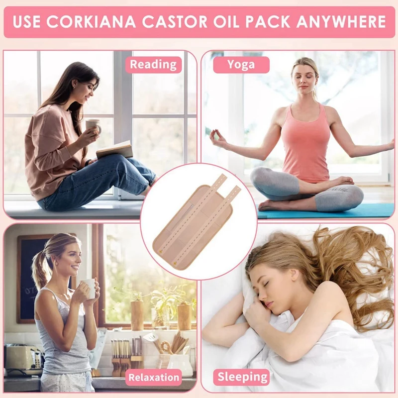 2X Reusable Organic Castor Oil Pack Kit, Adjustable Elastic Strap Bamboo Cotton Machine Washable Anti Oil Leak (Khaki)