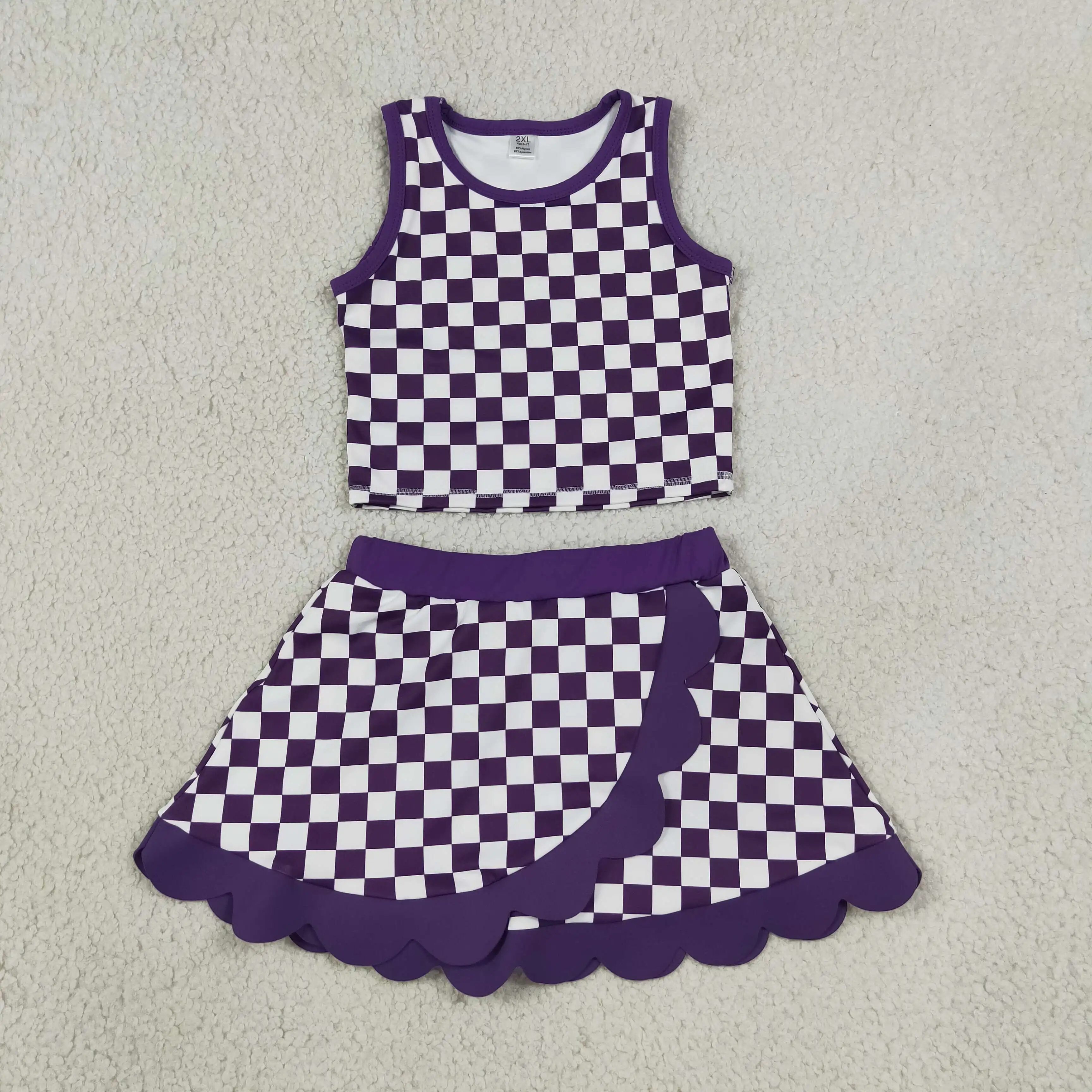 Wholesale Toddler Sleeveless Purple Checked Shirt Skirt Shorts Kids Set Athletic Baby Girl Yoga Active Breathable Clothing
