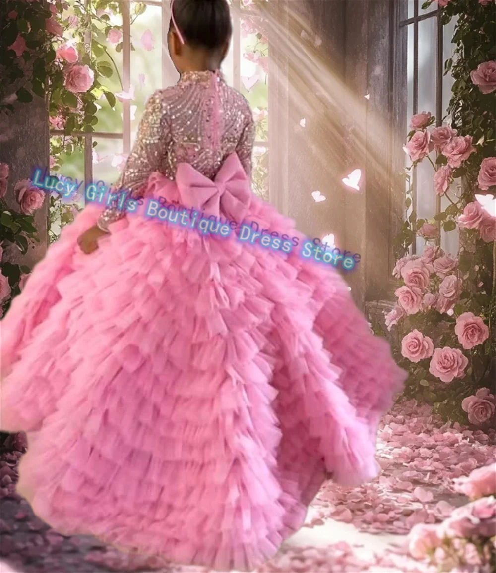 Luxury Quality Pink Layering Flower Girl Dress Tulle Puffy for Wedding Ball Dresses Kids Girls Birthday Party Evening Gowns