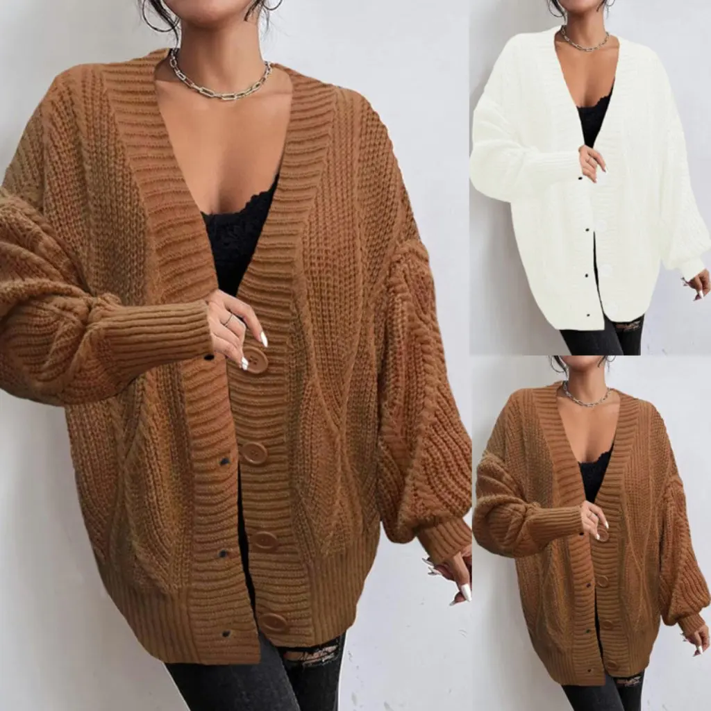 

Women's Autumn Winter Knitted Cardigan Sweater Coat European American Style Independent Station Button Detail