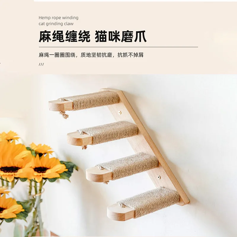 DIY Wall Mounted Cat Wall Shelves, Multi-layer Solid Wood Perch Ladder with Sisal Mat, Cat Climbing Platform for Kitten Activity