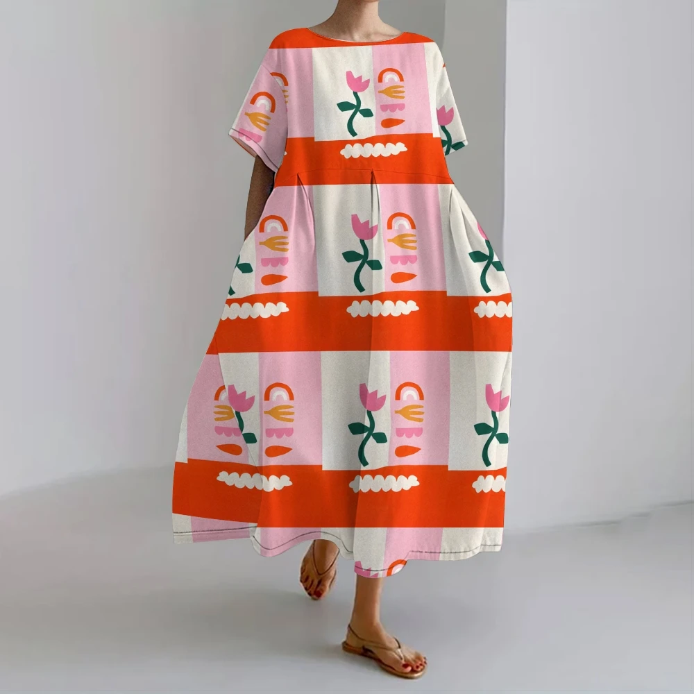 

Vibrant Orange & White Striped Dress Multi-Pattern Dress Flower Sun & Cloud Prints Maxi Dress Trendy Geometric Prints Outfits