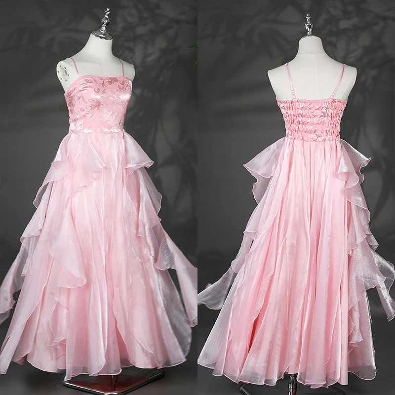 Antique Chinese Hanfu Dress Inner Wear Gown Ruffled Fairy Elegant Chiffon Strap Dress Stage Performance Cosplay Costume