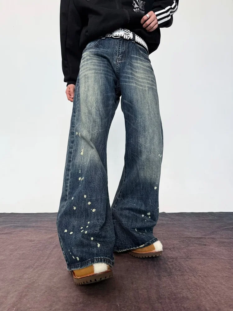 2026 American Retro Y2K Streetwear Painted Washed Blue Baggy Jeans Pants For Men Clothes Straight Denim Trousers Pantalon Hombre