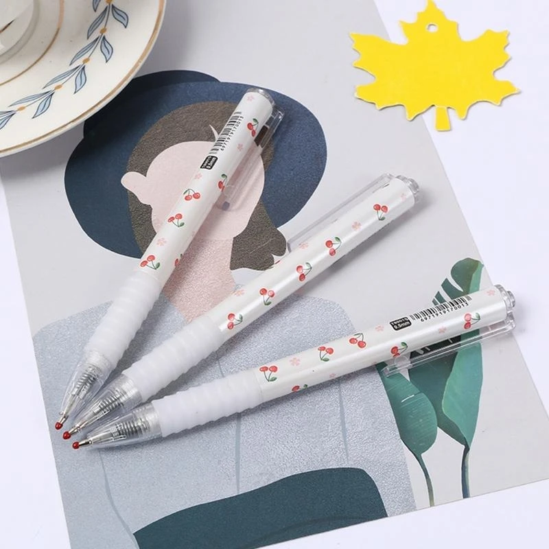 090F 2pc 0.5 mm Retractable Pens Cherry Pattern Black for Kids Xmas Birthday Gift