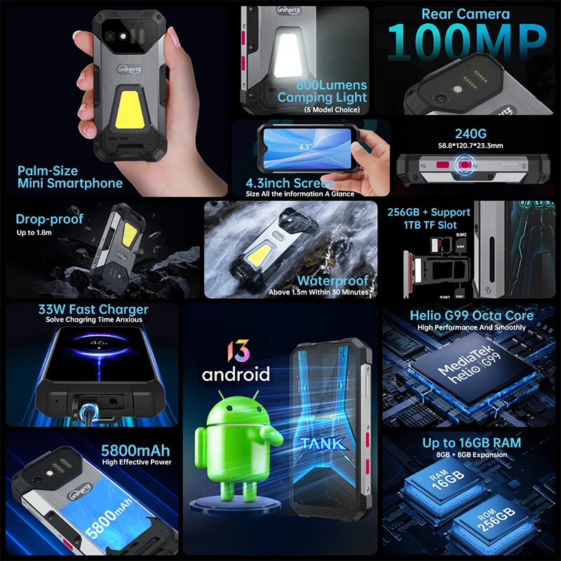 Unihertz Tank Mini Rugged 8849 Smartphone 4.3 Inch Small Cell Phone 16GB/24GB+256GB Android 13 5800mAh 100MP Cameras IP68 Phone