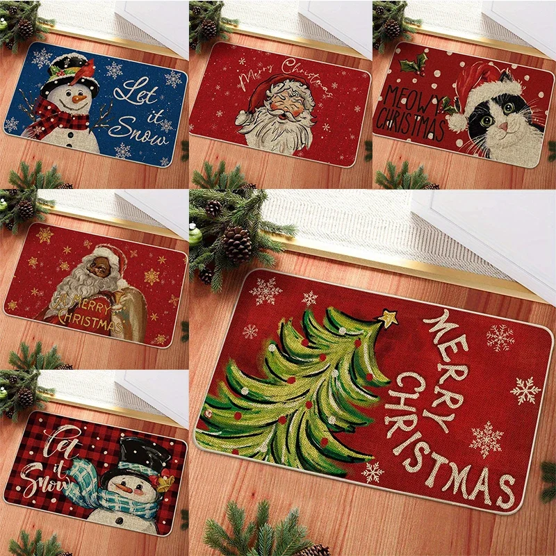 VIKAMA Vintage Farmhouse Christmas Door Mat Various Xmas Element Print Anti Slip Rug For Entryway Indoor Outdoor Xmas Decor