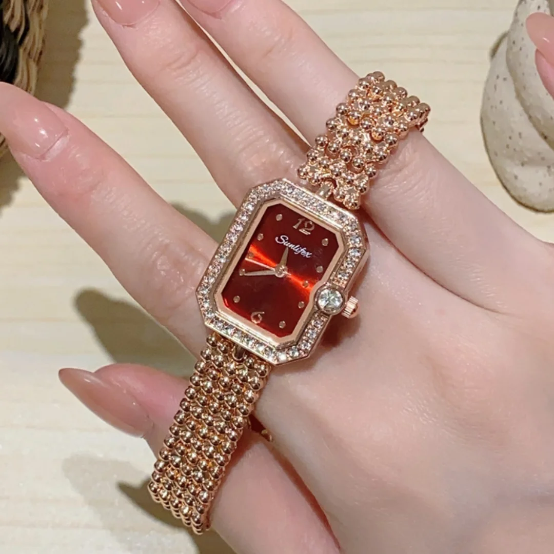 Sunlifex Women Square Watch Luminous Diamond Quartz Wristwatch Fashion Bracelet Clock Rose Gold Ladies Watches Bezel Reloj