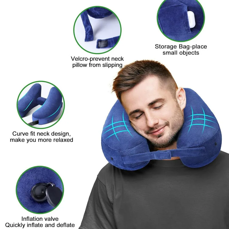 Inflatable Neck Pillow Hooded H-shaped Soft Velour Cover Rest Cushion Nap Outdoor Travel Airplane Car Comfy Supports Head Chin