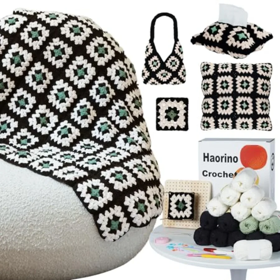 

Набор для вязания крючком для начинающих: комплект для вязания пледа с доской для блокировки, пряжей, инструментами, видеоуроками и узором «Бабушкин квадрат»