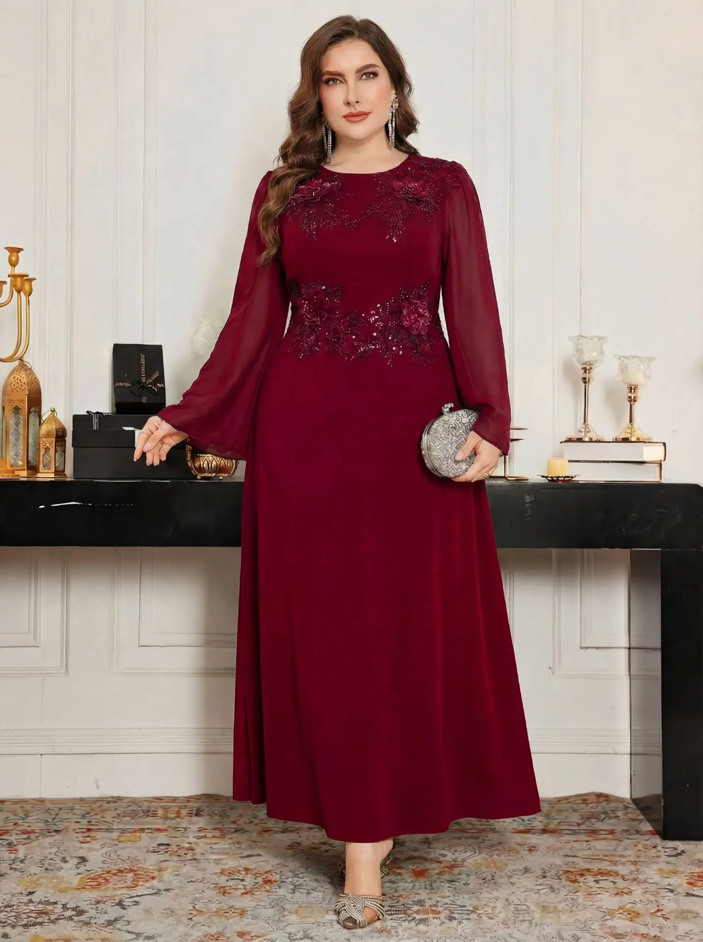 Elegant Crew Neck Beaded Embroidery Sequined Flowers Plus Size Formal Evening Party Dress With Long Sleeves view 6