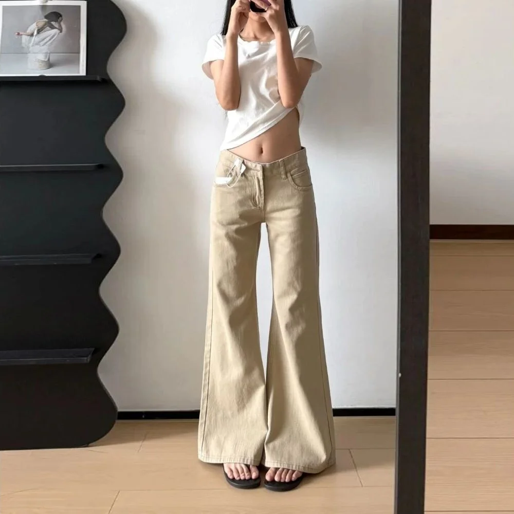 Retro Washed Low Waist Slim Fit Bell Bottom Jeans Women's Autumn New Style Khaki Color Denim Pants Casual Cotton Stretch