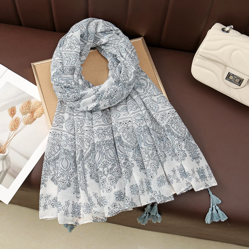 Temperament Women Tassels Scarf Imitation Silk Fashion Ethnic style printing Neckerchief Newest Vacation Sunscreen Shawl