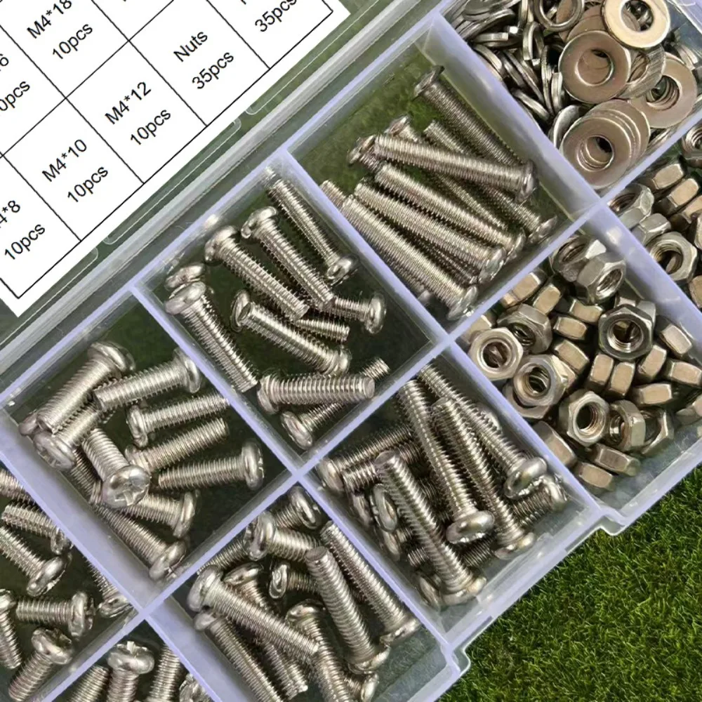 280-piece set of M4 stainless steel Phillips head bolts and nuts (8/10/12/14/16/18/20mm), for home repairs and DIY.