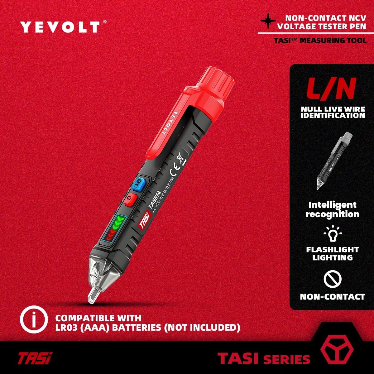 YEVOLT TA881A Non-Contact AC Voltage Tester Pen, AC 12-1000V, LED Flashlight, Buzzer Alarm for Live/Null Wire Judgment