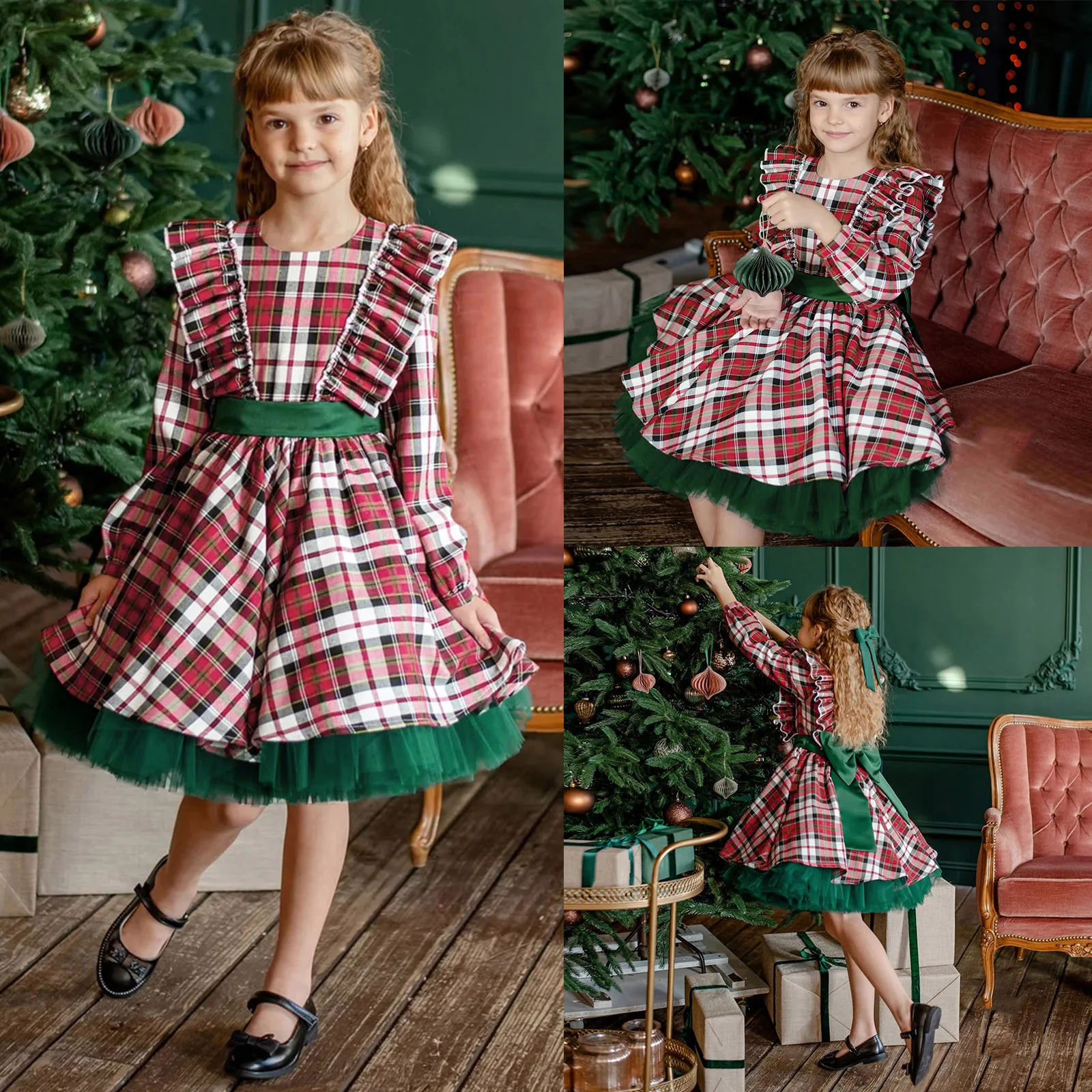 Girls 'Christmas Long Sleeve Plaid Prints Vestido de princesa, Xmas Party, Back Bowknot, Babados Vestidos, Outono, Inverno