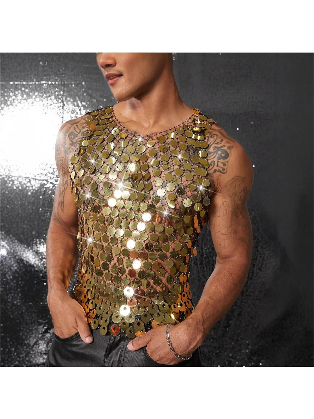 Heren sexy vest, edgy streetwear, doorschijnende tanktop met uitsnijdingen, club & party, visnet, paillettenversiering - afbeelding 2