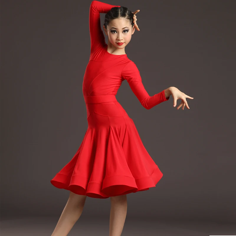 4 Colors Ballroom Dance Dress Competition Practice Clothes New Girls Long Sleeved Latin Dance Dress Kids Salsa Dress SL7200