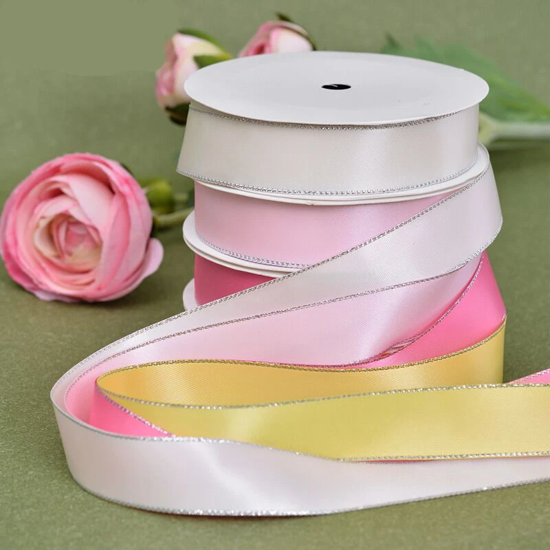 

50 ярдов, 10 мм/22 мм/38 мм, лента с серебряным краем, материалы ручной работы «сделай сам», подарочная упаковка, головной убор, бант для волос, свадебный двусторонний торт