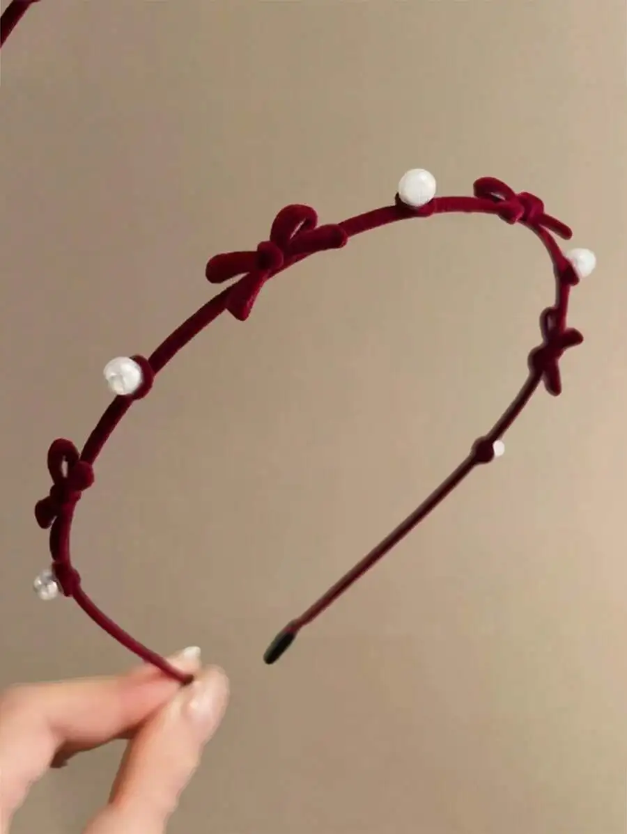 

Burgundy Velvet Thin Headband With Mini Bowknots And Faux Pearls, Elegant Daily Hair Accessory For Women
