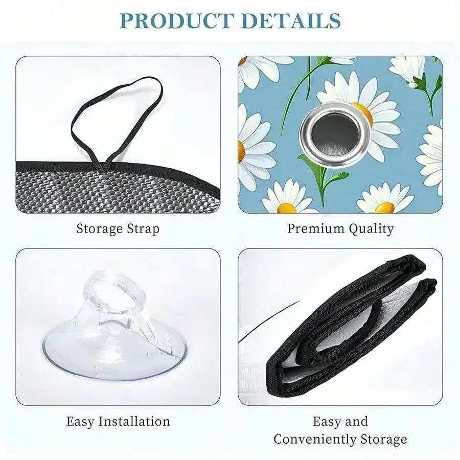 

Foldable Car Sunshade With Daisy Pattern Blue Background UV Protection For Front Window