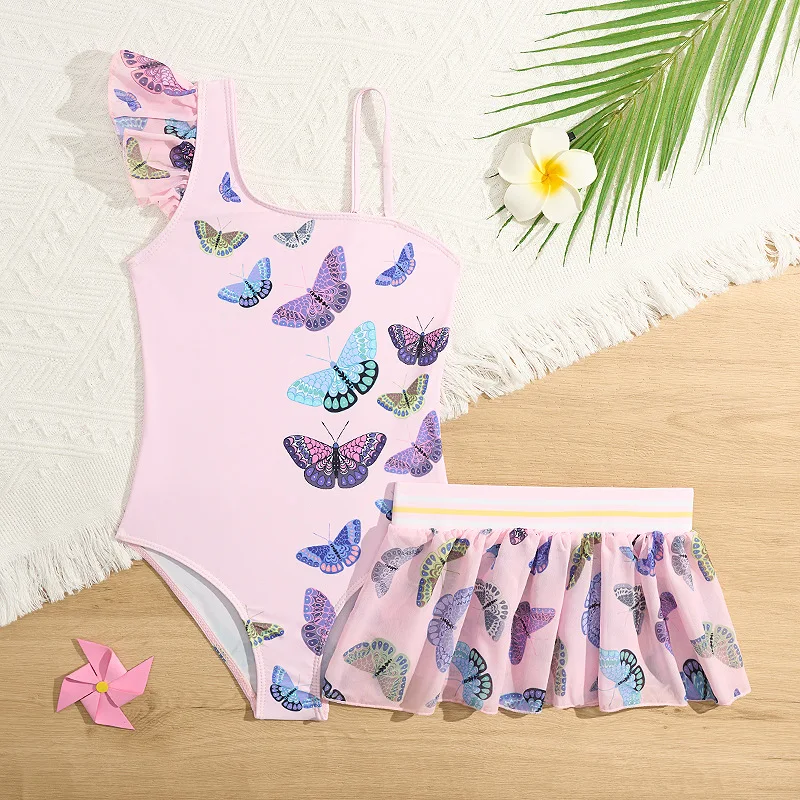 Butterfly Print Girls One Piece Swimsuit 4-7 Year Kids Swim Suit Infant Children's Swimwear 2025 Pink Bathing Suits with Skirt