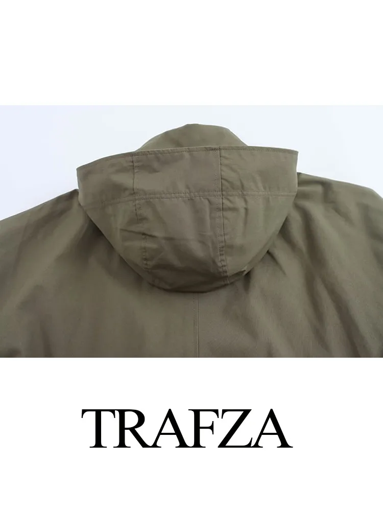 TRAFZA Autumn Windbreaker Woman Trendy Solid Turn-Down Collar Long Sleeves Pockets Single Breasted Female Casual Loose Coats