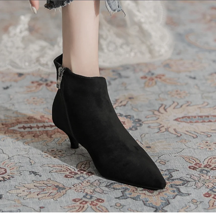 AIYKAZYSDL Cut Out Style Kitten Low Heel Ankle Boots Woman Faux Suede Flock Bootie Spring Autumn Shoes Women Casual Office Lady