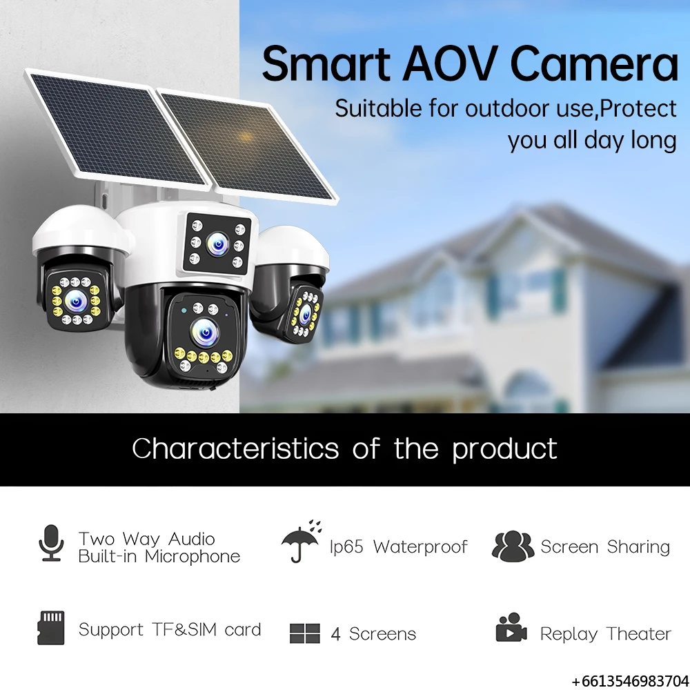 NyteElf 12MP Ultra HD 4G Sim Card Solar PTZ AOV Camera Four Lens PTZ Humanoid Tracking Detection Voice Alarm Solar CCTV Camera
