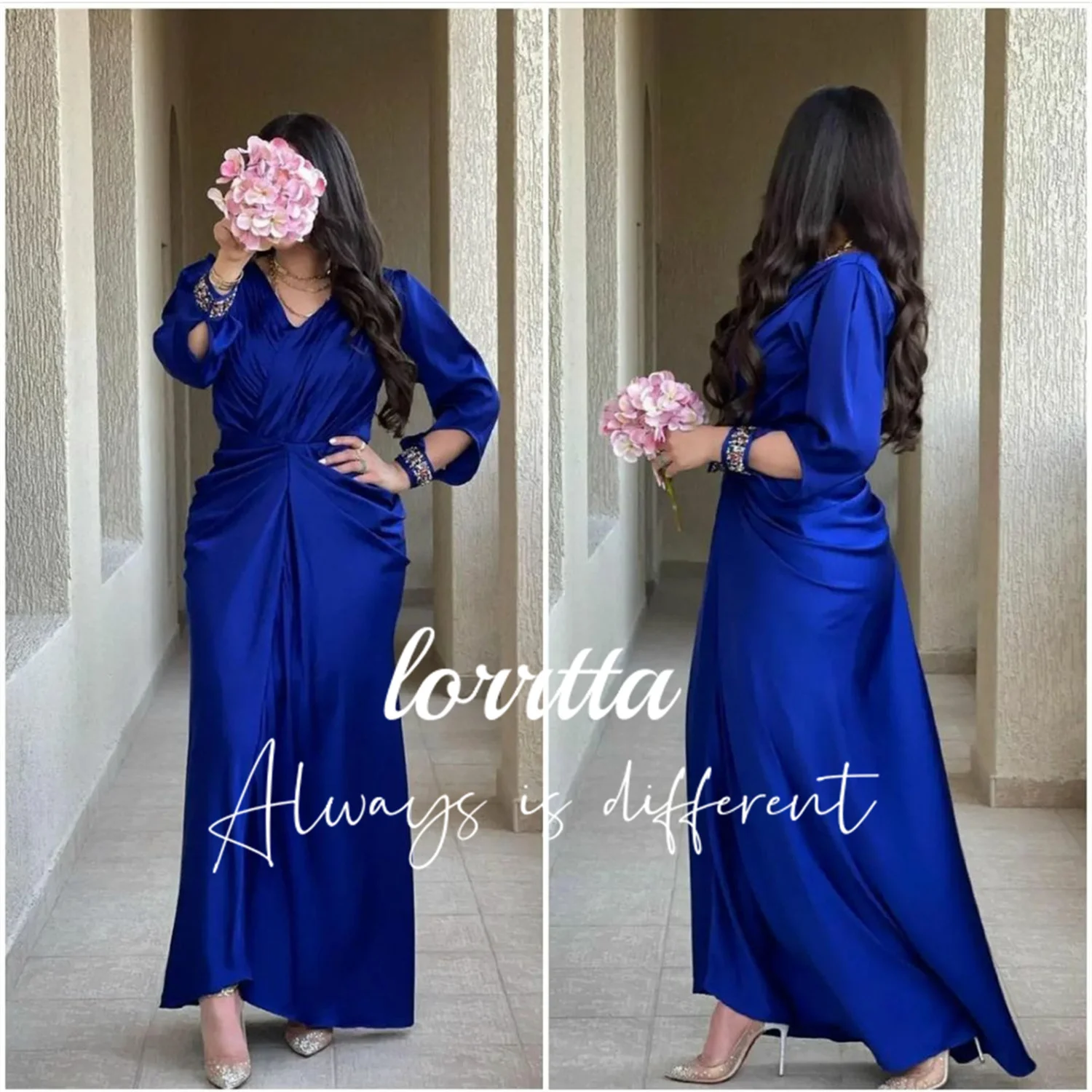 

Lorrtta Modest Dubai Arabian Women's Evening Gown Long Sleeve V-neck Beaded Ball Gown Vestidos Para Mujer Elegantes Y Bonitos