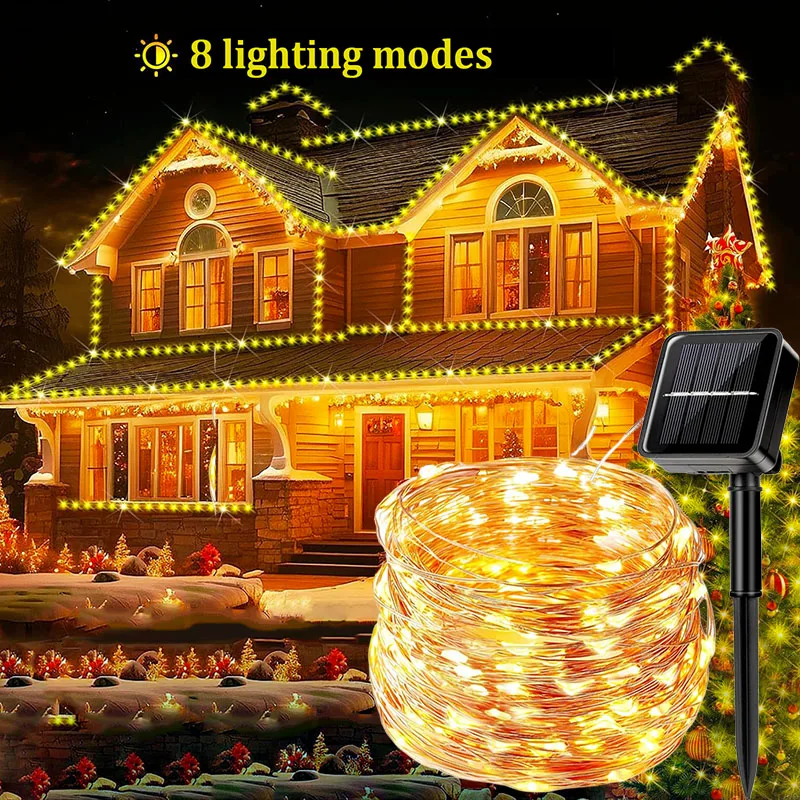 

8 режимов, рождественские солнечные светодиодные гирлянды, подключаемые уличные гирлянды для украшения рождественской елки, вечеринки, сада, сделай сам