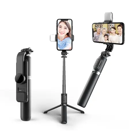 Q02S 블루투스 셀카봉, 접이식 휴대용 삼각대, 필 라이트 셔터 리모컨, 안드로이드 아이폰 스마트폰용
