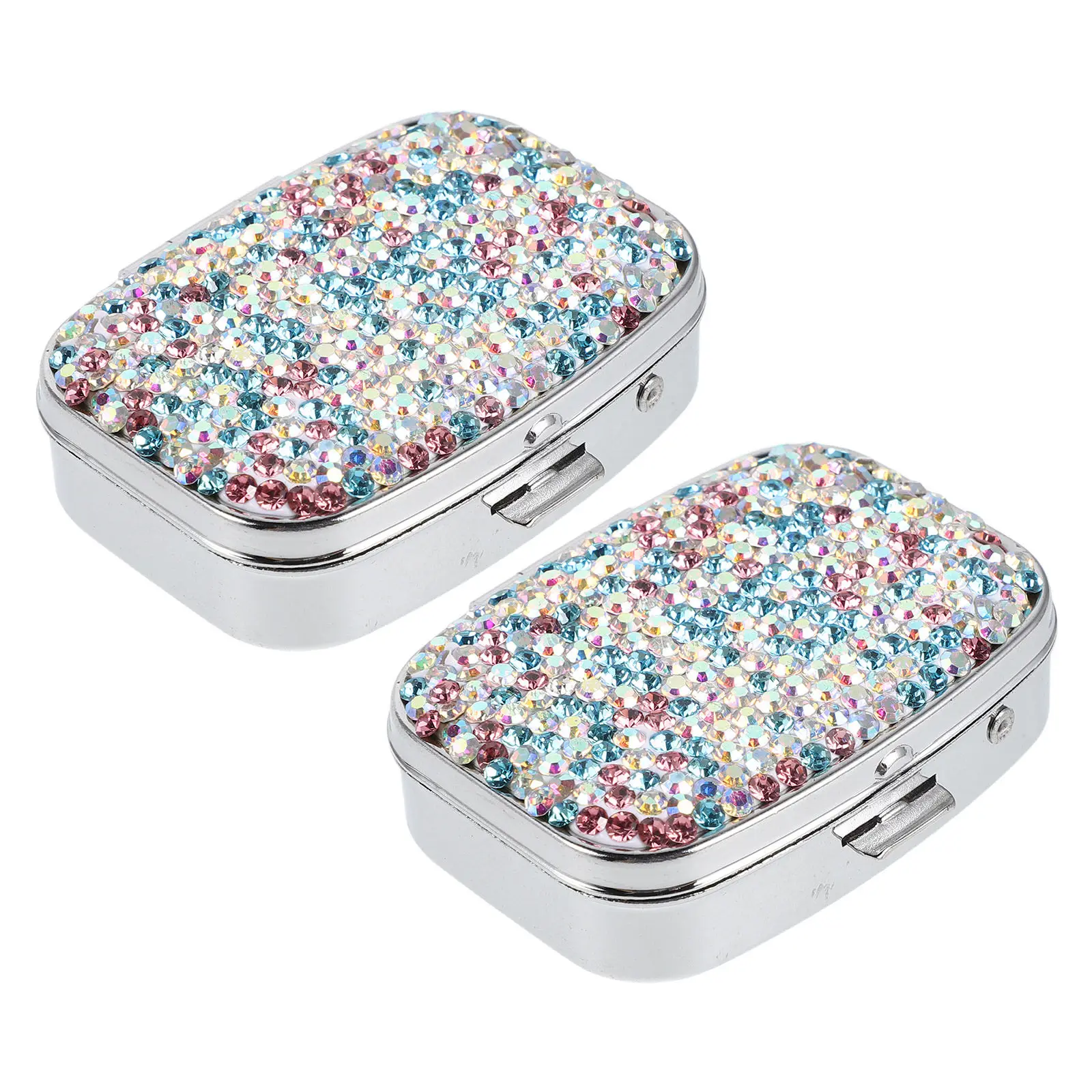 2Pcs Rhinestone Travel Pill Organizer Compact Portable Medicine Holder Multi-Compartment Daily Organizer for Purse Pocket
