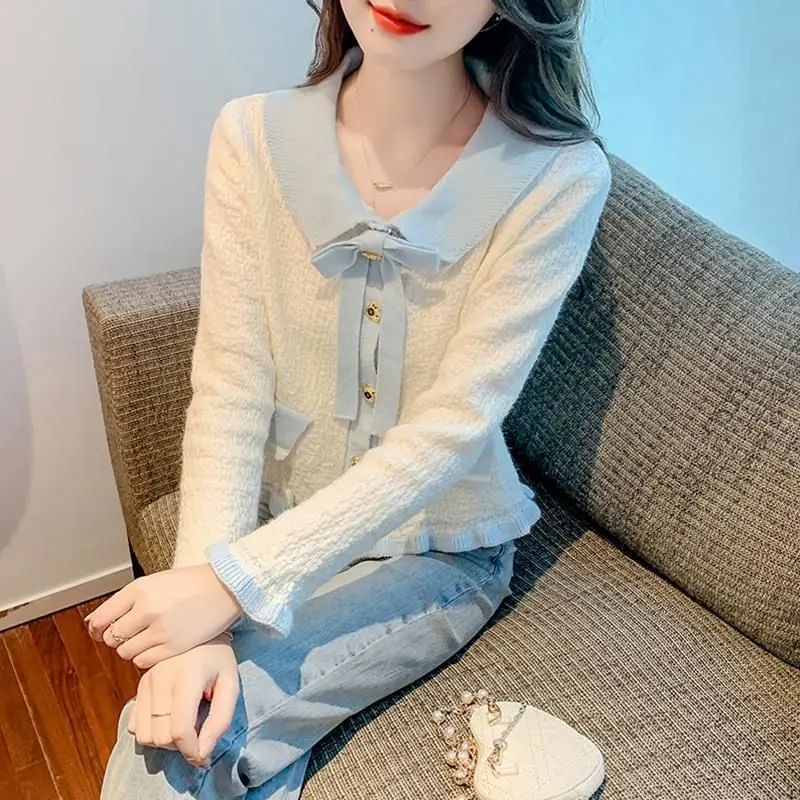 Fashion Bow Solid Color Sweater Women Autumn Simplicity Ruffles Long Sleeve Knitwear Tops Casual All-match Knitting Cardigan