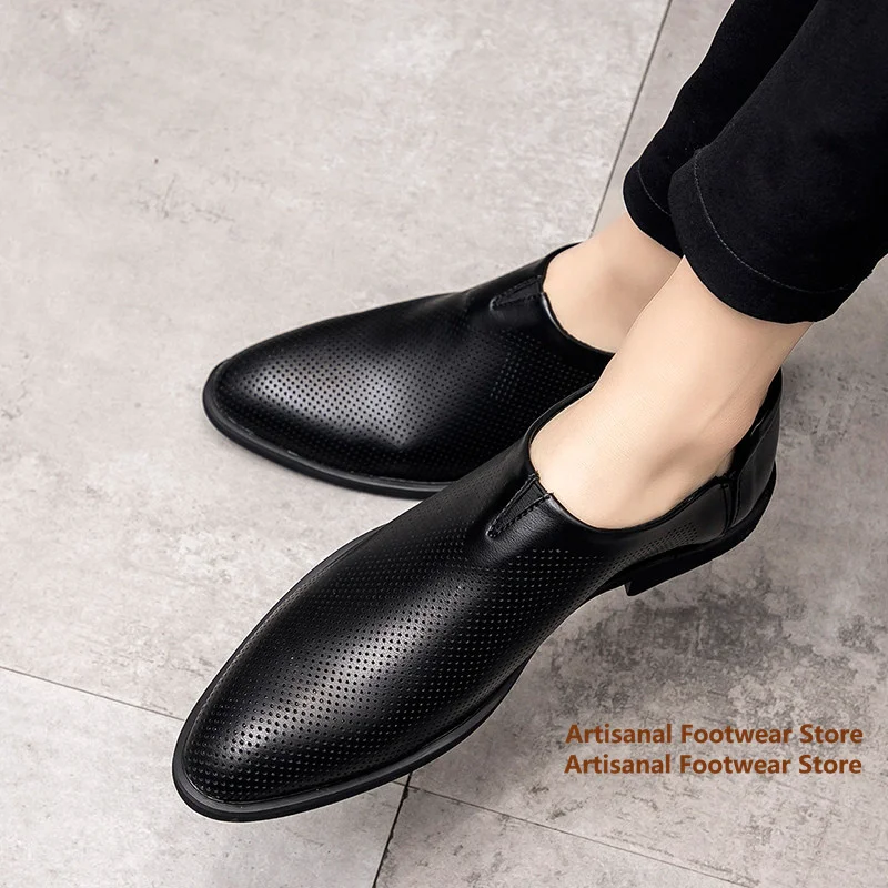 Black Leather Hollow-Out Men's Casual Shoes Soft Leather Soft Sole Breathable Office Leather Shoes Trendy Handmade Men's Shoes