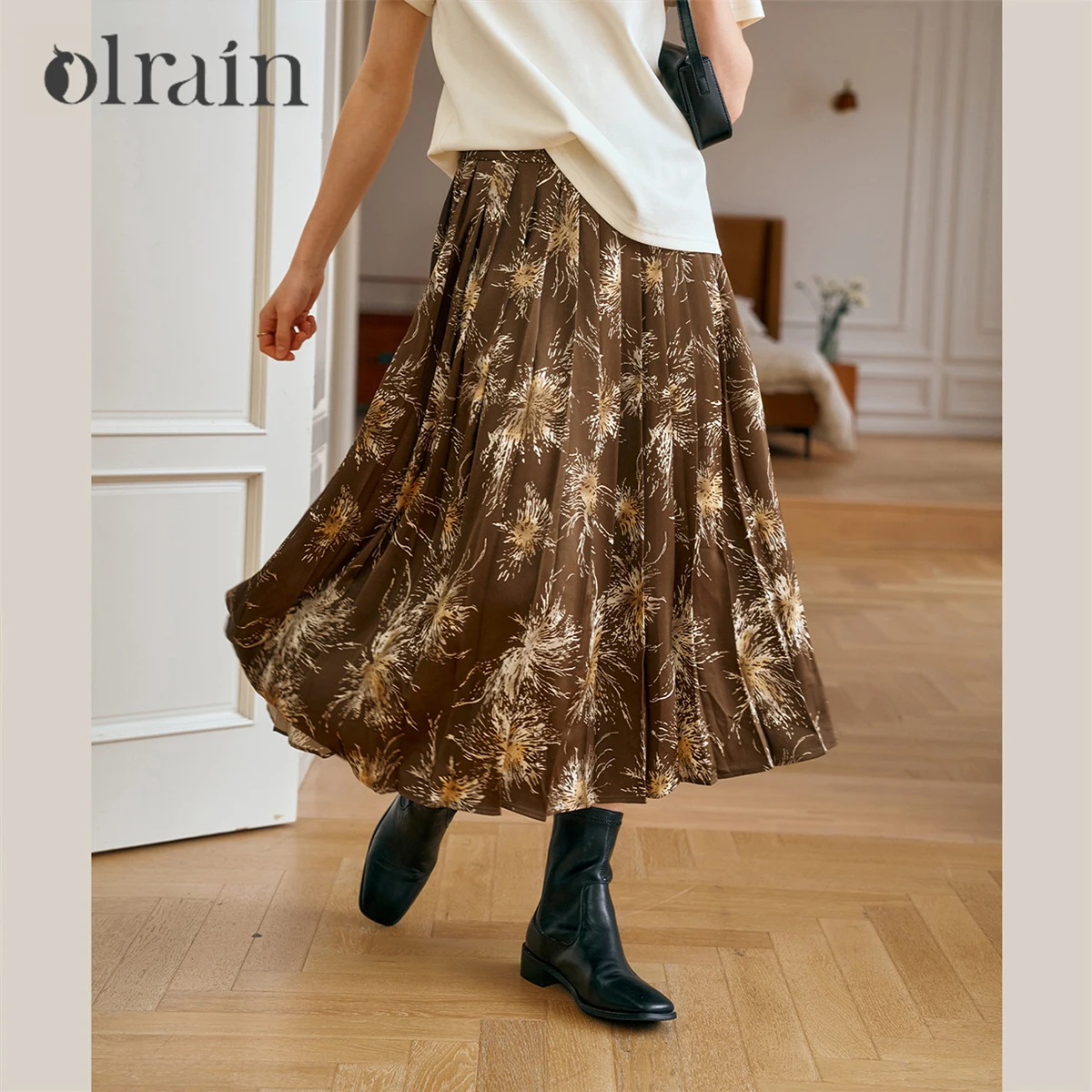 

OLrain Vintage Printed Pleated Skirt Women 2025 Spring Summer A-line High Waist Casual Chiffion Ladies Skirts Woman M56QB83622