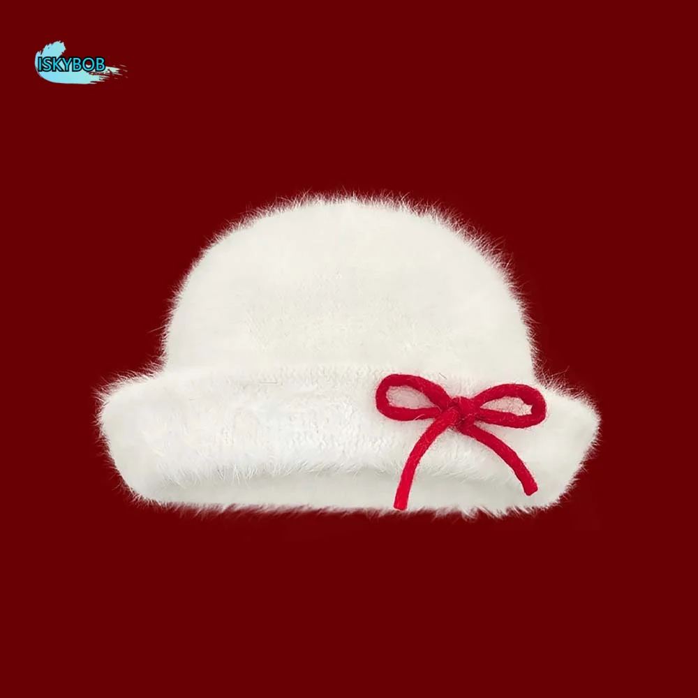 

Princess Hat Vintage Looking Black Bowler Hats Japanese Style Versatile Woolen Bucket Cap Plush Bow White Dome Hat Daily