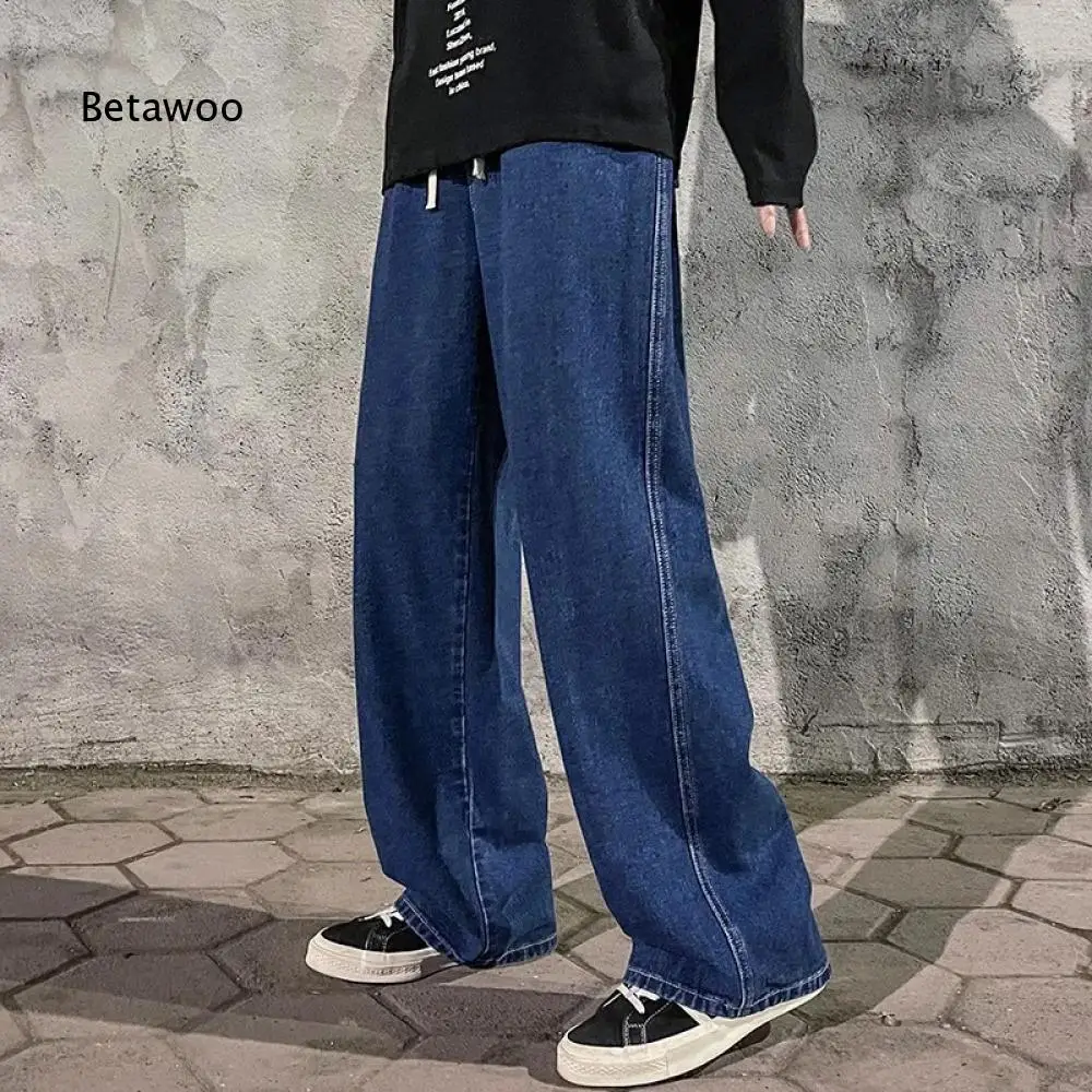 Men Casual Wide Leg Jeans Relaxed Fit Dark Blue Denim Trousers With Drawstring Waist To Match Sneakers For Many Occasions