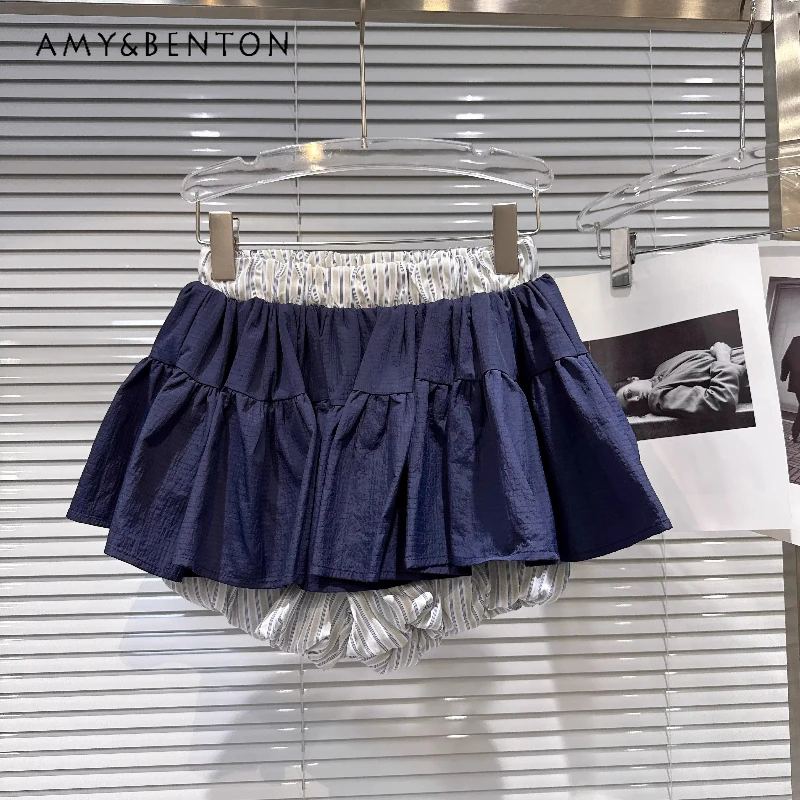 

Original Design Striped Splicing Blue Elastic Waist Women's Skirt 2026 Summer New Sweet Cool Y2k Versatile Short Skirts Ladies