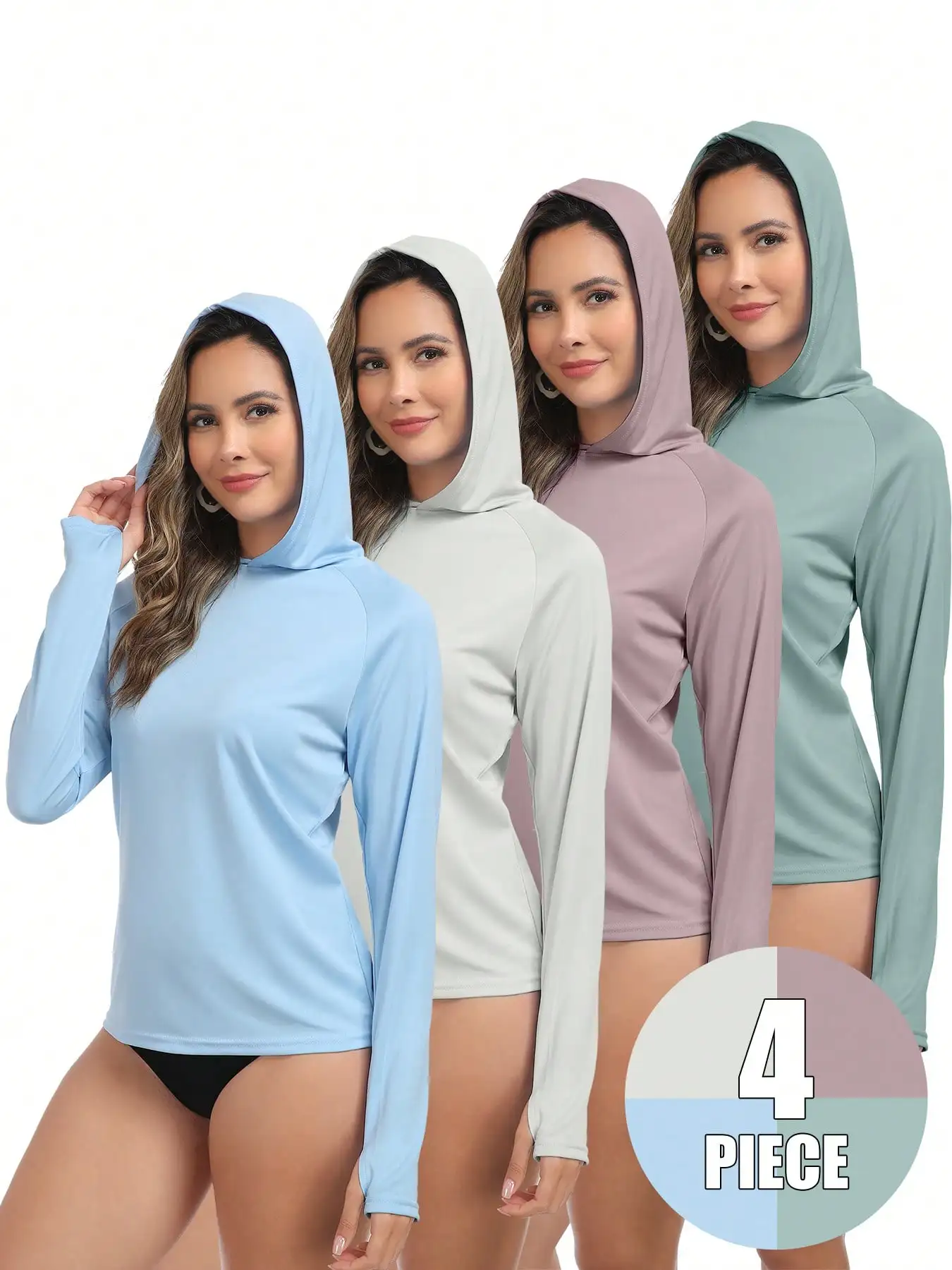 

Комплект из 4 женских легких рубашек с длинным рукавом и капюшоном для защиты от солнца, для активного отдыха на природе