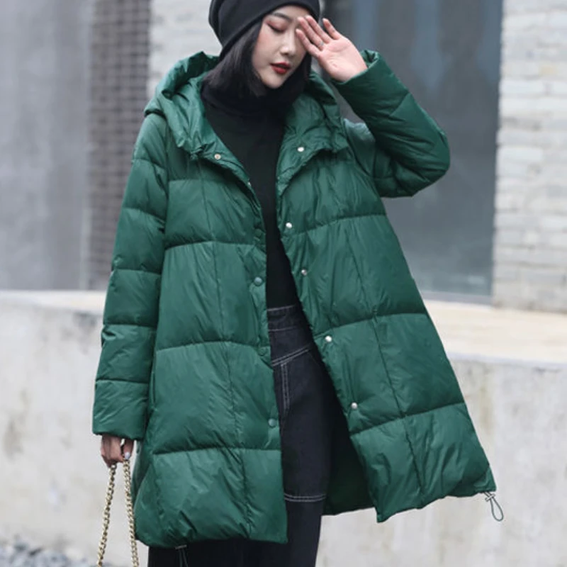 Women's Loose Hooded Puffer Coat, Warm Winter Jacket, Female Casual Solid Vintage Outerwears, Thick, Mid-length, Monochromatic