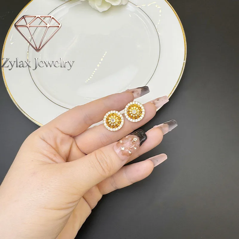 Zylax Jewelry 24K Gold AU999 Vintage Diamond-Inlaid Hollow Sunflower Earrings Women - Premium pure gold, full details, secure di