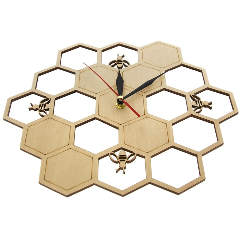 Cut Wood Clock Honey Bee on Honey Comb Hexagon Nature Watch Wall Clock Geometric Kitchen Art Decor