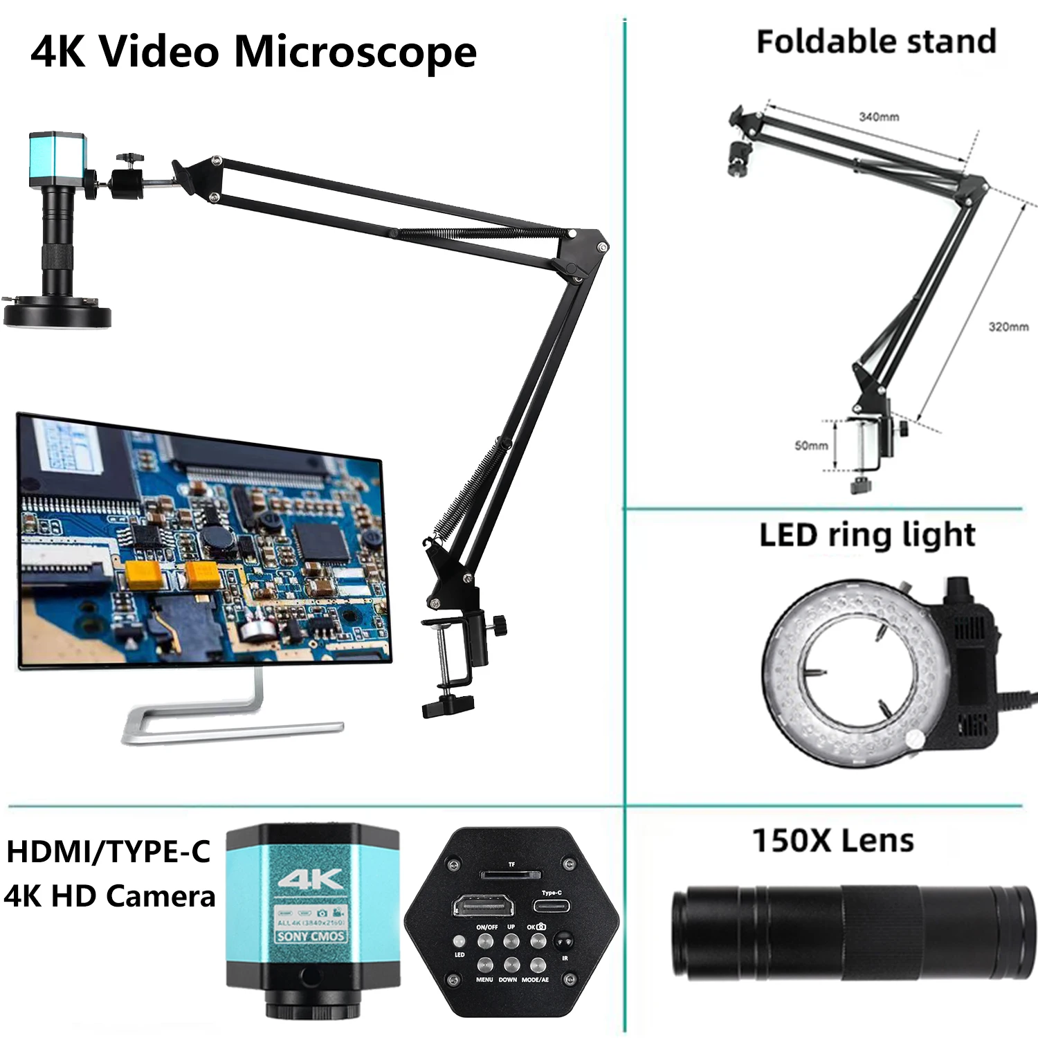 camera de microscopio industrial para solda camera digital tipo c zoom 1150x lente de montagem c 4k 2k hdmi usb vga 48mp 13mp 1080p 01