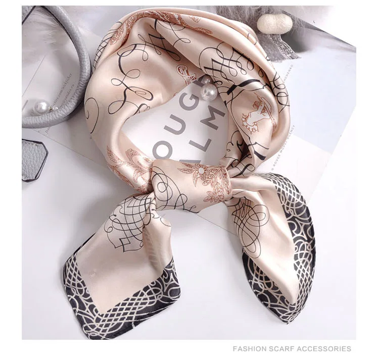 Luxus Apricot Print 70*70cm Seide Quadrat Schal Frauen Weiche Satin Haarband Halstuch Krawatte Weibliche Stirnband Foulard Tasche band Geschenk – Detail 2
